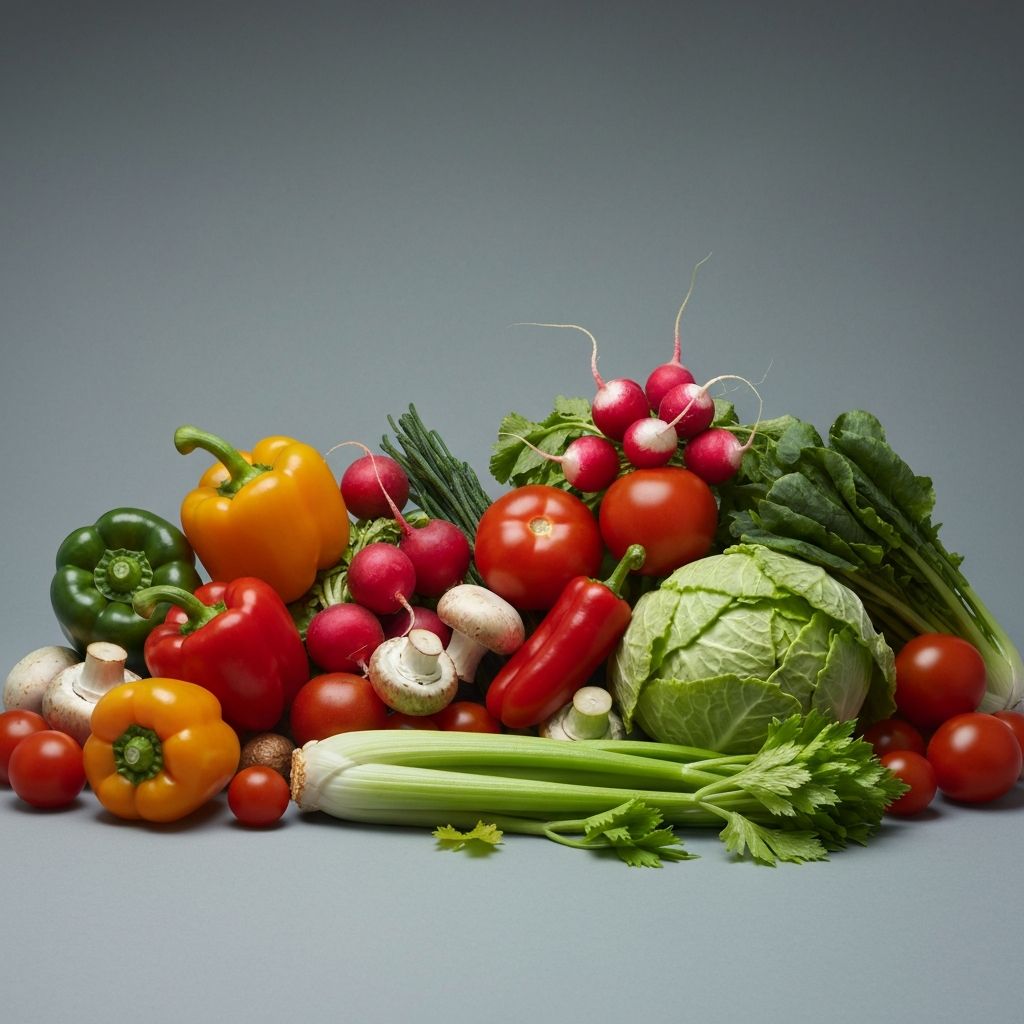Mixed fresh produce including vegetables and herbs
