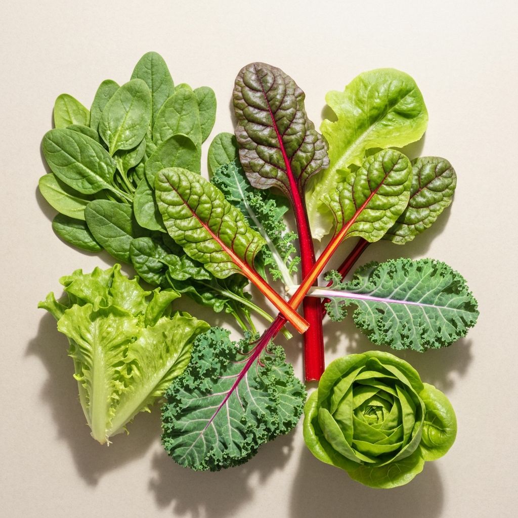 Fresh spinach, kale, and chard leaves arranged naturally